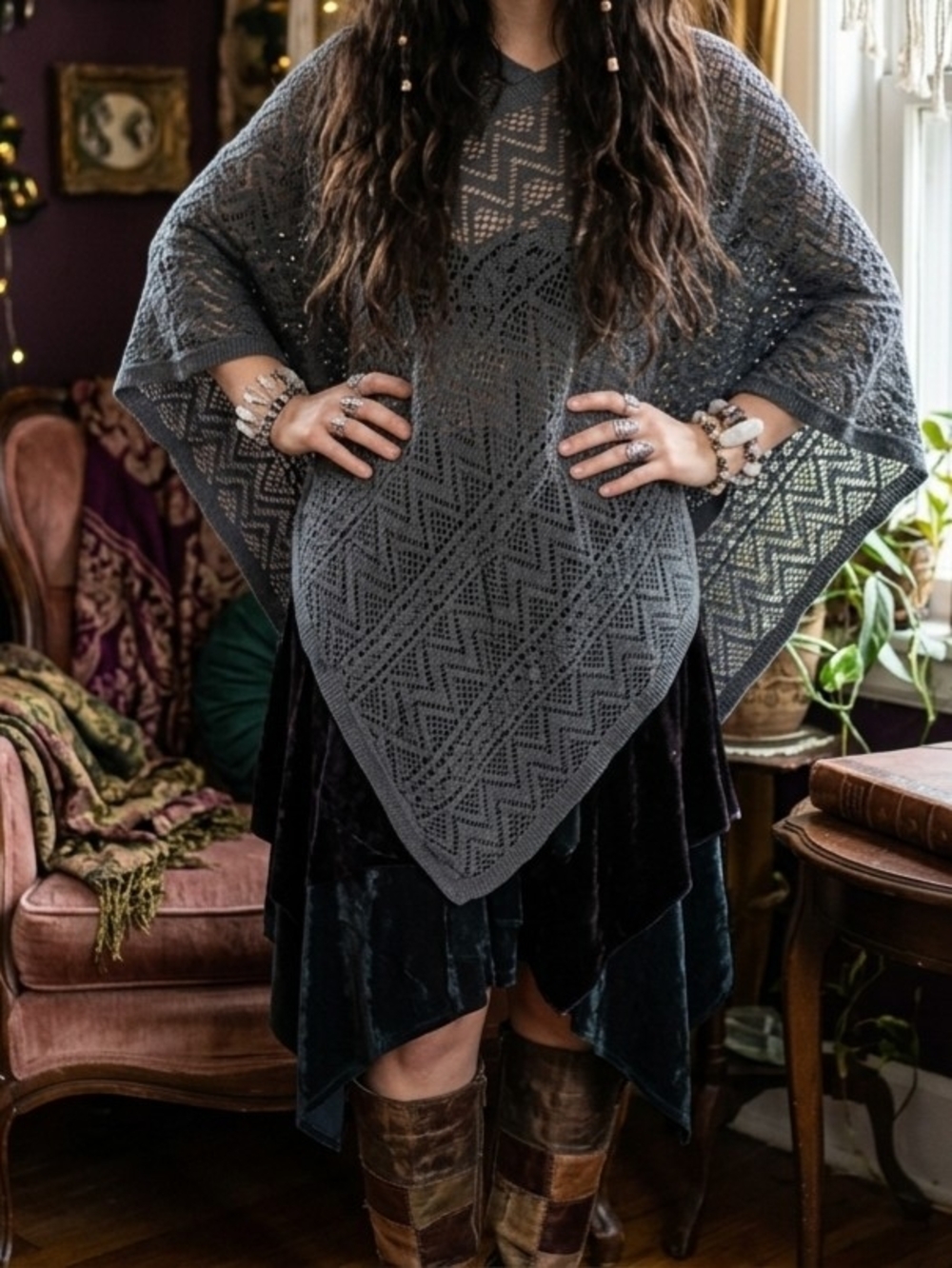 Butter Knit Charcoal Gray Open-Knit Pointed-Hem Poncho